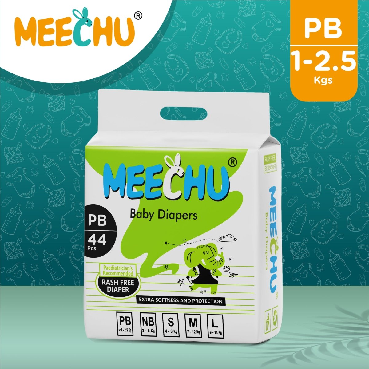 Meechu Premature Baby Diapers(1 - 2.5Kg) | Anti - rash |3D Leak Guard | Magic Grip - Meechu